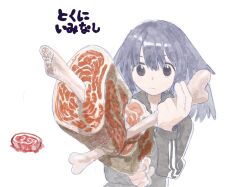 Rule 34 | 1girl, black eyes, black hair, black jacket, bone, boned meat, closed mouth, dual wielding, food, gundam (vxrwvww), highres, holding, holding food, jacket, light frown, long hair, long sleeves, looking at viewer, meat, original, raw meat, reverse grip, simple background, sketch, solo, track jacket, translated, upper body, white background