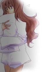 Rule 34 | 00s, 1girl, anna irving, brown eyes, brown hair, female focus, gradient background, hug, lowres, no pants, hugging object, oversized clothes, oversized shirt, pillow, pillow hug, shirt, solo, tales of (series), tales of symphonia, white background