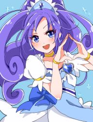 Rule 34 | 1girl, :d, bad id, bad pixiv id, blue background, blue bow, blue eyes, blue hair, blue theme, bow, bracelet, brooch, choker, cure diamond, diamond hands, dokidoki! precure, earrings, heart, heart brooch, hishikawa rikka, jewelry, long hair, looking at viewer, magical girl, matching hair/eyes, open mouth, precure, purin (purin0), skirt, smile, solo