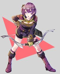 Rule 34 | 1girl, bernadetta von varley, bike shorts, boots, bow (weapon), cleavage, dress, earrings, fire emblem, fire emblem: three houses, full body, gloves, hair ornament, high heel boots, high heels, highres, holding, holding bow (weapon), holding weapon, jewelry, kasu (96ks 3h), leaning forward, long sleeves, nintendo, open mouth, purple eyes, purple hair, quiver, short dress, simple background, solo, weapon, yellow gloves