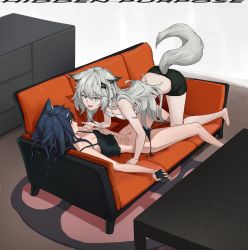 Rule 34 | 2girls, :d, animal ears, arknights, bandeau, bare arms, bare legs, bare shoulders, barefoot, black hair, black panties, black shorts, breasts, camisole, cleavage, commentary, couch, crop top, grey eyes, hair over one eye, highres, holding, indoors, kneeling, lappland (arknights), long hair, looking at another, lying, midriff, multiple girls, navel, on back, open mouth, panties, r dancer, scar, scar across eye, scar on face, short shorts, shorts, silver hair, small breasts, smile, spaghetti strap, stomach, strapless, table, texas (arknights), tube top, underwear, underwear only, wolf ears, yuri