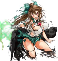 Rule 34 | 1girl, blush, bow, breasts, brown hair, cape, female focus, hair bow, large breasts, long hair, open mouth, perky breasts, red eyes, reiuji utsuho, sachito, simple background, skirt, solo, third eye, torn clothes, touhou, white background, wings