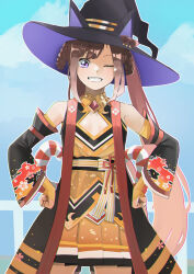 Rule 34 | 1girl, absurdres, bare shoulders, black hair, blue background, blush, bow, breasts, brown hair, cleavage cutout, clothing cutout, commentary request, cosplay, cowboy shot, detached sleeves, ear bow, ear covers, grin, hair rings, hands on own hips, hat, highres, jitome no tsugumi, kitasan black (umamusume), kitasan black (umamusume) (cosplay), long hair, looking at viewer, purple eyes, small breasts, smile, solo, sweep tosho (umamusume), umamusume, very long hair, wide sleeves, witch hat