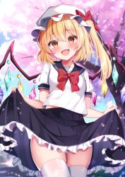 Rule 34 | 1girl, :d, alternate costume, black sailor collar, black skirt, blonde hair, blush, bow, cherry blossoms, colored eyelashes, commentary request, corrupted twitter file, cowboy shot, crystal, day, falling petals, fang, flandre scarlet, frilled skirt, frills, hair between eyes, happy, hat, hat bow, highres, long hair, looking at viewer, mob cap, open mouth, outdoors, petals, pleated skirt, puffy short sleeves, puffy sleeves, red bow, red eyes, sailor collar, school uniform, serafuku, shiny skin, shirotsuki shirone, shirt, short sleeves, side ponytail, skin fang, skirt, skirt hold, smile, solo, spring (season), thighhighs, thighs, touhou, tree, tsurime, white hat, white shirt, white thighhighs, wings, zettai ryouiki