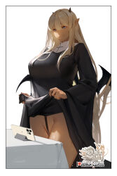 Rule 34 | 1girl, absurdres, black dress, black horns, black wings, blonde hair, blue eyes, breasts, cellphone, closed mouth, commentary, cross, demon wings, dress, english commentary, hair between eyes, highres, horns, hu dako, large breasts, lifting own clothes, long hair, nun, original, phone, pointy ears, simple background, smile, sol, sweat, white background, wings