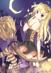 Rule 34 | 1girl, ahoge, ass, bare shoulders, black legwear, blonde hair, broom, broom riding, broom surfing, commentary request, corset, food-themed hair ornament, from behind, hair ornament, halloween, hand up, highres, jack-o&#039;-lantern, long hair, looking at viewer, original, pumpkin hair ornament, purple eyes, rong yi tan, sidesaddle, smile, solo, sparkle, striped clothes, striped legwear, striped thighhighs, thighhighs