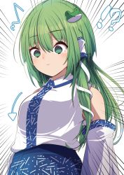 Rule 34 | 1girl, @ @, absurdres, blue skirt, breast conscious, breasts, collared shirt, commentary request, darumoon, detached sleeves, frog hair ornament, green eyes, green hair, hair ornament, highres, kochiya sanae, long hair, long sleeves, shirt, skirt, sleeveless, sleeveless shirt, small breasts, solo, tearing up, touhou, white shirt, white sleeves