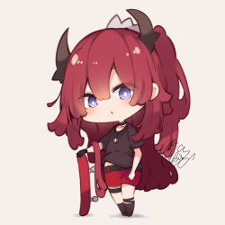 Rule 34 | 1girl, :&lt;, arknights, beni shake, black footwear, black gloves, black shirt, black socks, brown background, chibi, commentary request, full body, gloves, hair between eyes, horns, long hair, official alternate costume, parted lips, ponytail, purple eyes, red hair, red shorts, shirt, shoes, short shorts, short sleeves, shorts, signature, single glove, skateboard, socks, solo, standing, surtr (arknights), surtr (liberte echec) (arknights), triangle mouth, very long hair