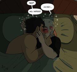 Rule 34 | 2boys, afterglow, bara, beard stubble, black hair, blush, borrowed clothes, couple, english text, facial hair, from above, happy, highres, huge eyebrows, kiss, long sideburns, lorificarts, lucas lee, lying, male focus, multiple boys, muscular, muscular male, on back, on bed, scott pilgrim (series), scott pilgrim takes off, shirt, short hair, short sleeves, sideburns, smile, sparkling aura, stubble, sweatdrop, t-shirt, todd ingram, topless male, under covers, upper body, yaoi