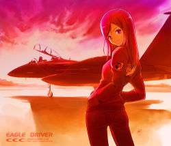 Rule 34 | 1girl, aircraft, airplane, denim, drop tank, f-15, f-15 eagle, fighter jet, hands in pockets, jeans, jet, long hair, looking back, military, military vehicle, original, pants, purple eyes, shirotsumekusa, smile, solo, sunset, vehicle focus