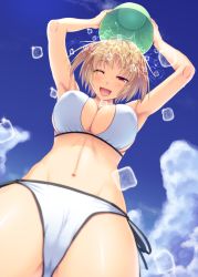 Rule 34 | 00s, 1girl, als ice bucket challenge, arcueid brunestud, arms up, bikini, blonde hair, blush, breasts, bucket, cameltoe, cleavage, cleft of venus, covered erect nipples, from below, ice, large breasts, melty blood, miyai sen, navel, one eye closed, open mouth, red eyes, short hair, side-tie bikini bottom, smile, solo, swimsuit, tsukihime, type-moon, water, white bikini