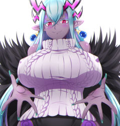Rule 34 | 1girl, absurdres, aqua hair, bare shoulders, blue nails, blush, breasts, colored skin, commentary request, dark-skinned female, dark skin, eyebrows, fate/grand order, fate (series), fur trim, highres, horns, huge breasts, ibuki douji (fate), long hair, multiple horns, nail polish, outstretched hand, pink eyes, pointy ears, sleeveless, sleeveless sweater, sleeveless turtleneck, smile, solo, sotomichi, sweater, turtleneck, white background