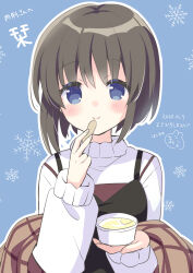 Rule 34 | 1girl, 2020, black dress, black hair, blue background, blue eyes, blush, brown shawl, closed mouth, commentary request, commission, dated, dress, food, hair between eyes, highres, holding, holding food, holding ice cream, hoshimame mana, ice cream, kanon, long sleeves, looking at viewer, mana22, misaka shiori, plaid shawl, shawl, shirt, short hair, signature, simple background, sleeveless, sleeveless dress, smile, snowflakes, solo, straight-on, upper body, white shirt