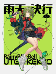 Rule 34 | 1girl, absurdres, bad id, bad pixiv id, bag, belt, belt buckle, black shirt, black skirt, blue eyes, buckle, character request, chinese text, chyoel, copyright name, full body, green background, green hair, green jacket, hair ribbon, highres, holding, holding microphone, holding umbrella, jacket, long sleeves, medium hair, microphone, navel, one side up, open mouth, rainybluebell, red ribbon, ribbon, shirt, shoelaces, shoes, simple background, skirt, smile, sneakers, socks, solo, stomach, teeth, umbrella, white footwear, white socks