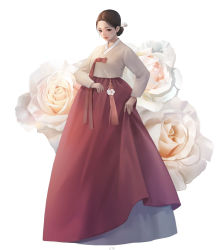Rule 34 | 1girl, brown eyes, brown hair, dress, flower, hanbok, hanbok lift, highres, holding, holding clothes, holding dress, korean clothes, looking down, original, pink flower, pink rose, rose, shinyoung kim, solo, standing, white background