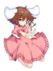 Rule 34 | 1girl, animal ears, barefoot, brown eyes, brown hair, carrot, double v, dress, floppy ears, full body, heart, highres, inaba tewi, ishimu, jewelry, kneeling, looking at viewer, necklace, one eye closed, pendant, pink dress, puffy short sleeves, puffy sleeves, rabbit ears, short hair, short sleeves, smile, solo, touhou, v, white background