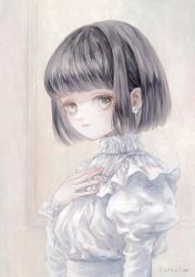 Rule 34 | 1girl, absurdres, arm at side, artist name, black hair, bob cut, commentary request, cotolier risa, earrings, frills, grey eyes, gustav klimt (style), hand up, highres, indoors, jewelry, juliet sleeves, long sleeves, looking at viewer, original, puffy sleeves, short hair, simple background, solo, upper body