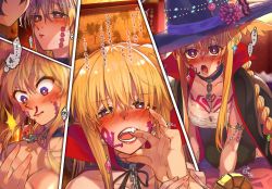 Rule 34 | 1boy, 1girl, bandages, belt, black hair, blonde hair, blood, blush, bracer, breasts, chain, choker, comic, earrings, embarrassed, facial mark, fangs, fate/grand order, fate (series), finger in another&#039;s mouth, fujimaru ritsuka (male), gem, halloween, halloween costume, hat, head wings, highres, imminent kiss, jewelry, lipstick, long hair, makeup, mitsurugi sugar, mummy costume, navel, nosebleed, red eyes, sarashi, skull and crossbones, surprised, thrud (fate), translated, valkyrie (fate), vampire costume, wings, witch, witch hat, yellow wings