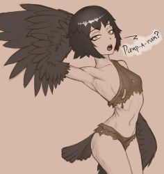 Rule 34 | 1girl, bare shoulders, bird tail, black feathers, black hair, black wings, brown background, dark souls (series), dark souls iii, feathered wings, feathers, harpy, midriff, monster girl, nfwar, open mouth, personification, pickle pee pump-a-rum crow, rags, shirt, short hair, simple background, single-shoulder shirt, solo, speech bubble, tail, winged arms, wings, yellow eyes