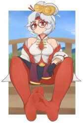 Rule 34 | 1girl, absurdres, bare shoulders, breasts, feet, foot focus, glasses, gloves, highres, large breasts, nintendo, purah, red eyes, sitting, sleeveless, softhanten, soles, solo, the legend of zelda, the legend of zelda: tears of the kingdom, toes, white hair