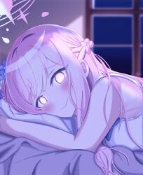 Rule 34 | 1girl, absurdres, backlighting, bed, bed sheet, blue archive, blunt bangs, blush, c:, commentary request, glowing, glowing eyes, hair bun, halo, highres, long hair, looking at viewer, lying, mika (blue archive), moonlight, night, night sky, hugging object, on side, one side up, pillow, pillow hug, pink hair, school uniform, sidelocks, single side bun, sky, sleeveless, smile, solo, tamaki (tamaki-sh), window, yellow eyes