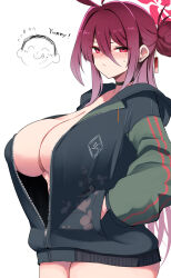 Rule 34 | 10eki (tenchou), 1girl, absurdres, ahoge, doodle sensei (blue archive), black jacket, blue archive, blush, breasts, cleavage, closed mouth, collarbone, cowboy shot, hair between eyes, hair bun, hands in pockets, highres, hood, hood down, hooded jacket, huge breasts, jacket, long hair, long sleeves, looking at viewer, naked jacket, nose blush, open clothes, open jacket, red eyes, red hair, reijo (blue archive), sensei (blue archive), simple background, single hair bun, solo, standing, sweatdrop, thighs, white background, zipper