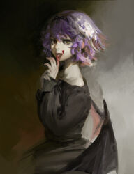 Rule 34 | 1girl, alternate costume, bat wings, black dress, blood, blood on face, blood on hands, dress, green eyes, hands up, highres, licking lips, long sleeves, looking at viewer, nanbo ataru (attall), no headwear, painterly, photoshop (medium), purple hair, remilia scarlet, short hair, solo, tongue, tongue out, touhou, vampire, wings, yellow eyes