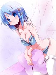 Rule 34 | 10s, 1girl, bare shoulders, bed, blue eyes, blue hair, bra, breasts, cleavage, collarbone, hair ornament, hairclip, large breasts, lingerie, mahou shoujo madoka magica, mahou shoujo madoka magica (anime), matching hair/eyes, miki sayaka, miuku (marine sapphire), on bed, panties, pillow, short hair, sitting, smile, solo, thighhighs, underwear, underwear only, white thighhighs