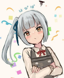 Rule 34 | 1girl, brown eyes, crossed arms, dress, frown, grey hair, happy birthday, kantai collection, kasumi (kancolle), kasumi kai ni (kancolle), long hair, long sleeves, looking at viewer, pinafore dress, shirt, side ponytail, sleeveless, sleeveless dress, solo, white background, white shirt, wss (nicoseiga19993411)