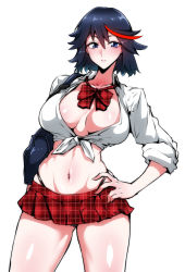 Rule 34 | 1girl, absurdres, black hair, blouse, breasts, breasts out, breasts squeezed together, cleavage, gggg, hair between eyes, hand on own hip, highleg, highleg panties, highres, jacket, kill la kill, large breasts, matoi ryuuko, microskirt, no bra, open clothes, open shirt, panties, ribbon, school uniform, shiny skin, shirt, skirt, solo, sweat, tagme, tied shirt, underwear, white background, white shirt