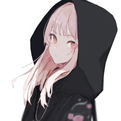 Rule 34 | 1other, akiyama mizuki, black jacket, closed mouth, expressionless, from side, highres, hood, hood down, hooded jacket, jacket, long bangs, long hair, looking at viewer, pink eyes, pink hair, project sekai, sidelocks, simple background, solo, straight hair, upper body, white background, yato kamo
