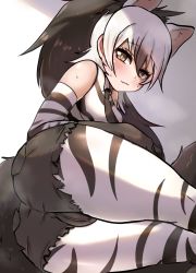 Rule 34 | 1girl, aardwolf (kemono friends), aardwolf print, akaisuto, animal ears, ass, bare shoulders, black hair, blush, closed mouth, crotch, crotch seam, cutoffs, elbow gloves, elbow rest, extra ears, gloves, hair between eyes, highres, kemono friends, long hair, looking at viewer, lying, multicolored hair, necktie, on side, pantyhose, pantyhose under shorts, print gloves, print pantyhose, print shirt, seductive smile, shirt, short shorts, shorts, sidelocks, sleeveless, sleeveless shirt, smile, solo, sweat, tail, thighs, two-tone hair, very long hair, white hair, yellow eyes