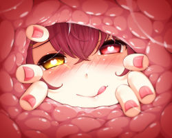 Rule 34 | 1girl, :q, blush, commentary, crossed bangs, english commentary, extreme gaping, face, gaping, hair between eyes, heart, heart-shaped pupils, heterochromia, highres, hololive, houshou marine, looking at viewer, merrytail, nail polish, red hair, red nails, symbol-shaped pupils, tongue, tongue out, virtual youtuber, yellow eyes