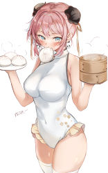 Rule 34 | 1girl, absurdres, bamboo steamer, baozi, bare arms, bare shoulders, blush, breasts, bun cover, commentary request, covered navel, earrings, food, food in mouth, highres, holding, holding food, holding plate, jewelry, large breasts, leotard, looking at viewer, mochi nabe, original, panda earrings, pink hair, plate, short hair, simple background, skindentation, solo, thighhighs, white background, white leotard, white thighhighs