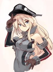 Rule 34 | 10s, 1girl, bad id, bad twitter id, bare shoulders, bismarck (kancolle), blonde hair, blue eyes, blush, brown gloves, detached sleeves, gloves, hand on own hip, hat, iwasaki takashi, kantai collection, long hair, long sleeves, military, military uniform, peaked cap, smile, solo, uniform, upper body