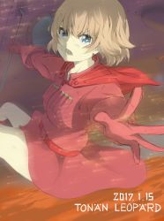 Rule 34 | 10s, 1girl, absurdres, artist name, belt, capelet, commentary request, cosplay, dated, dress, foreshortening, girls und panzer, gloves, highres, holding, katyusha (girls und panzer), kaze no tani no nausicaa, leaning back, looking at viewer, medium dress, nausicaa, nausicaa (cosplay), one-hour drawing challenge, open mouth, porthole, reaching, red belt, red capelet, red dress, red gloves, short hair, solo, standing, tonan leopard, v-shaped eyebrows, wind