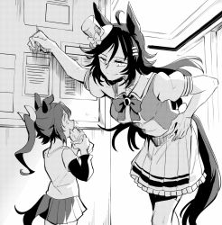 Rule 34 | 2girls, animal ears, bow, bowtie, eating, frilled skirt, frills, greyscale, hair bow, hair ornament, hairclip, hat, height difference, high ponytail, highres, horse ears, horse girl, horse tail, horseshoe ornament, layered sleeves, long hair, long sleeves, looking down, looking up, mini hat, miniskirt, monochrome, mr. c.b. (umamusume), multiple girls, official alternate costume, pleated skirt, puffy short sleeves, puffy sleeves, sailor collar, sailor shirt, school uniform, shirt, short over long sleeves, short sleeves, skirt, t-shirt, tail, tail through clothes, takatsuki nato, thighhighs, tokai teio (umamusume), top hat, tracen school uniform, umamusume, aged down