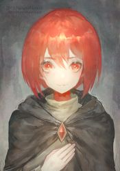 Rule 34 | 1girl, bad id, bad pixiv id, black cape, cape, dated, female focus, grey background, hair between eyes, hand up, looking at viewer, pixiv fantasia, pixiv fantasia last saga, red eyes, red hair, short hair, smile, solo, twitter username, upper body, watermark, waterstaring
