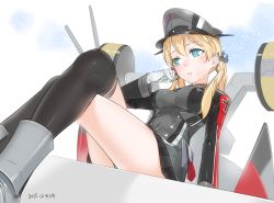 Rule 34 | 10s, 1girl, 2015, ama mitsuki, anchor hair ornament, aqua eyes, black skirt, black thighhighs, blonde hair, blush, breasts, cross, crossed legs, dated, from below, gloves, hair ornament, hat, head rest, iron cross, kantai collection, long hair, long sleeves, looking away, machinery, medium breasts, military, military uniform, miniskirt, over-kneehighs, peaked cap, pleated skirt, prinz eugen (kancolle), sitting, skirt, solo, thighhighs, twintails, uniform, white gloves