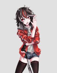 Rule 34 | 1girl, alternate costume, bad id, bad pixiv id, baseball bat, black gloves, black hair, black thighhighs, cone horns, contrapposto, cowboy shot, drawstring, facing viewer, fingerless gloves, gloves, grey background, grey horns, hand up, hood, hoodie, horns, illuminati, jacket, jewelry, kijin seija, looking up, max-k, multicolored hair, nail polish, name tag, open clothes, open jacket, open mouth, pendant, red eyes, red hair, red jacket, red nails, ribbon-trimmed legwear, ribbon trim, short shorts, shorts, simple background, single glove, solo, standing, streaked hair, striped horns, teeth, thighhighs, touhou, white hair