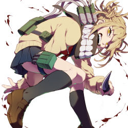 Rule 34 | 1girl, akeru, arm between legs, bags under eyes, bent over, black socks, blonde hair, blood, blue skirt, boku no hero academia, double bun, fangs, full body, hair bun, holding, holding knife, holding weapon, kneehighs, knife, loafers, long sleeves, looking at viewer, looking down, medium hair, messy hair, miniskirt, open mouth, pleated skirt, scarf, shoes, sidelocks, simple background, skirt, sleeves past wrists, smile, socks, solo, sweater, thigh strap, toga himiko, weapon, white background, yellow eyes
