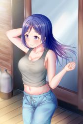 Rule 34 | 1girl, arm up, bare arms, bare shoulders, blue eyes, blue hair, blue pants, blush, breasts, canister, cleavage, closed mouth, collarbone, commentary request, day, door, drawstring, floating hair, glass, gradient eyes, gradient hair, grey tank top, hair down, hand in own hair, hand up, highres, large breasts, long hair, looking away, love live!, love live! school idol festival, love live! sunshine!!, matsuura kanan, midriff, morning, multicolored eyes, multicolored hair, navel, outdoors, pants, parted bangs, purple eyes, purple hair, rama (yu-light8), sideboob, sidelocks, smile, solo, standing, straight hair, sunlight, tank top, taut clothes, wind, wooden floor