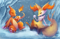 Rule 34 | braixen, charmeleon, claws, closed eyes, closed mouth, creatures (company), dated, eldrige, fire, game freak, gen 1 pokemon, gen 6 pokemon, grass, nintendo, open mouth, orange eyes, pawpads, pokemon, pokemon (creature), signature, sitting, smile, snow, snowball, stick, tree
