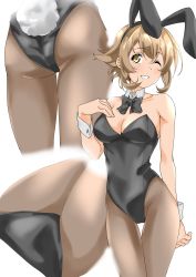 Rule 34 | 1girl, animal ears, black leotard, black neckwear, bow, bowtie, breasts, brown hair, brown pantyhose, commentary request, cowboy shot, detached collar, fake animal ears, highres, kantai collection, large breasts, leotard, looking at viewer, maonatten, multiple views, mutsu (kancolle), pantyhose, playboy bunny, rabbit ears, rabbit tail, short hair, simple background, standing, strapless, strapless leotard, tail, thigh gap, white background, wrist cuffs, yellow eyes
