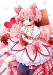 1girl absurdres blush bubble_skirt choker flower gloves hair_ribbon highres kaname_madoka kaname_madoka_(magical_girl) kneehighs magia_record:_mahou_shoujo_madoka_magica_gaiden magical_girl mahou_shoujo_madoka_magica mahou_shoujo_madoka_magica_(anime) open_mouth pink_eyes pink_hair ribbon rikopin short_hair skirt smile socks solo twintails white_gloves white_socks