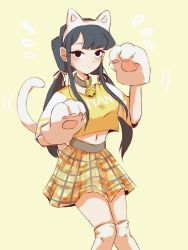 Rule 34 | 1girl, animal ears, animal hands, arms up, bell, black eyes, black hair, blush, cat ears, cat lingerie, cat paws, commentary, crop top, dot mouth, dot nose, english commentary, highres, jingle bell, komi-san wa komyushou desu, komi shouko, legs together, long hair, looking at viewer, low twintails, meme attire, midriff, motion lines, navel, nyan, over-kneehighs, paw pose, plaid, plaid skirt, raglan sleeves, shirt, simple background, skirt, solo, some witty user, standing, thighhighs, thighs, tired, twintails, white tail, white thighhighs, wide sleeves, yellow background, yellow shirt, yellow skirt