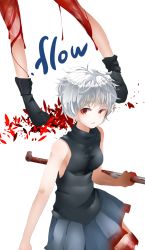 Rule 34 | .flow, 1girl, blood, blood on hands, blood on clothes, bloody weapon, breasts, copyright name, full body, highres, lead pipe, left-handed, medium breasts, messy hair, open mouth, red eyes, runoan, sabitsuki, short hair, sideboob, skirt, sleeveless, sleeveless turtleneck, solo, spoilers, turtleneck, weapon, white background, white hair