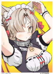 Rule 34 | 1girl, alternate costume, animal ears, attoyamada, azur lane, bell, blonde hair, blush, braid, breasts, cat ears, cat girl, cleavage, closed mouth, collar, dated, dot mouth, framed breasts, french braid, hair over one eye, highres, jingle bell, looking at viewer, maid, maid headdress, medium breasts, ribbon, sheffield (azur lane), short hair, solo, yellow eyes