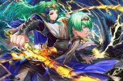 Rule 34 | 1boy, 1girl, artist name, black pants, blue cape, blunt bangs, byleth (fire emblem), byleth (male) (fire emblem), cape, commentary, commission, english commentary, enlightened byleth (male), fire emblem, fire emblem: three houses, flaming sword, flaming weapon, floating, floating hair, from side, gold trim, green eyes, green hair, hair ornament, high collar, holding, holding sword, holding weapon, kaze-hime, long hair, long sleeves, looking away, nintendo, official alternate costume, pants, pointy ears, profile, sample watermark, short hair, sothis (fire emblem), spikes, sword, sword of the creator, teeth, tiara, twintails, two-tone cape, very long hair, watermark, weapon, white cape