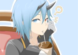 Rule 34 | 1girl, bad id, bad pixiv id, blue eyes, blue hair, bodysuit, commentary request, drinking straw, gloves, heterochromia, horns, io (pso2), jacket, looking at viewer, orange eyes, phantasy star, phantasy star online 2, shiver (siva-hl), short hair, solo